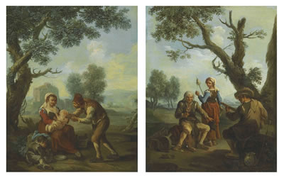 A peasant family in a landscape; and an old man with a glass of wine, a musician and a maiden with a distaff