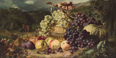 Still Life with Fruit in a Landscape, a Hunting Party beyond