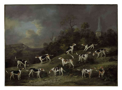 Hounds of Colonel Hylton Joliffe of Merstham House, Surrey with Merstham Church and Mill beyond