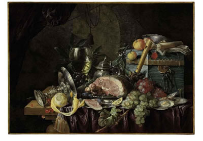 A ham on a pewter plate, grapes, berries, plums, lemons, and oysters with a roemer, tazza, pitcher, wan-li porcelein dish, recorder, book, and blue box on a partly draped table in a niche by Cornelis De Heem - Auction record, sale price, and art valuation. Compare with similar artists and explore comparable artworks.