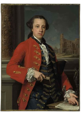 Portrait of a gentleman, three-quarter-length, in a red coat and a blue waistcoat with gold embroidery, holding a book and a tricorn hat, with a bronze statuette of the Venus de' Medici on the table, the Colosseum in the distance