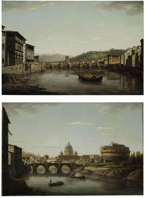 View of Florence from the Ponte Vecchio looking up the Arno toward the Ponte alle Grazie with the entrance to the Uffizi on the left; and View of Rome with Saint Peter's and the Castel Sant'Angelo seen from the Tiber (2)