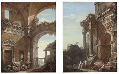 Two architectural capricci with peasants, musicians and other figures frolicking among classical ruins by Charles Louis Clerisseau - Auction record, sale price, and art valuation. Compare with similar artists and explore comparable artworks.