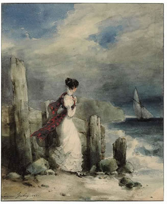 A young woman standing on a rocky coastline staring out to sea, a ship in the distance