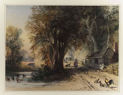 A woodland landscape with figures, birds and animals on a track beside a river
