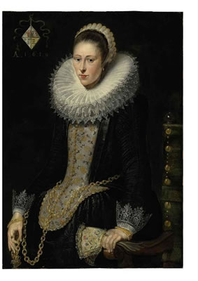 Portrait of Bessela Pelgrom, seated three-quarter-length, in a black dress with lace cuffs and ruff, embroidered bodice and gloves, holding a chain