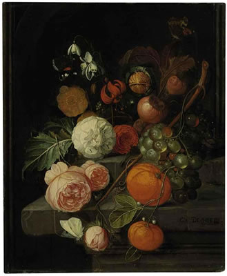 Roses, lillies, grapes, oranges and horse chestnuts on a stone ledge with butterflies, ants and a bee
