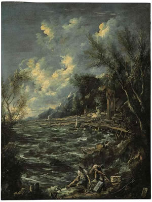 A storm on a Mediterranean coast with fishermen in the foreground