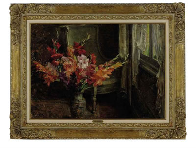 Still life of flowers in a porcelain vase by a window