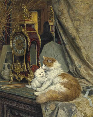 A Mother Cat and her Kitten with a Bracket Clock by Henriette Ronner - Auction record, sale price, and art valuation. Compare with similar artists and explore comparable artworks.