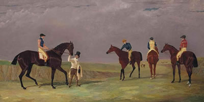 The Doncaster Cup of 1825, with Mr. Whittaker's Lottery, Mr. Craven's Longwaist, Mr. Lambton's Cedric, and Mr. Farquaharson's Figaro