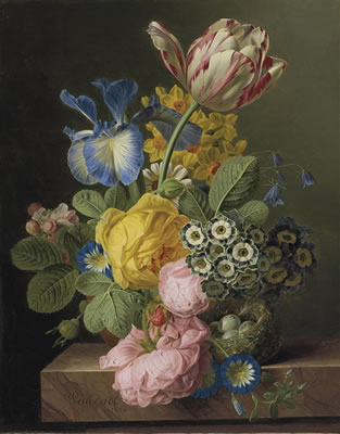 A vase of flowers with a bird's nest on a marble ledge