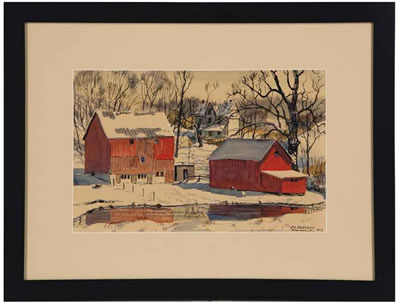 Red barns in wintertime