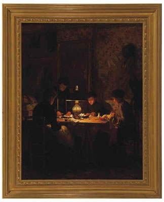 Women sewing by lamplight