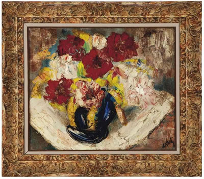 Still life with red and pink flowers in a blue vase