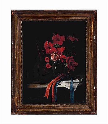 Still life with mandolin, castagnets and vase of Hibiscus flowers