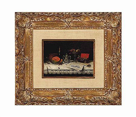 Still life with melon, champagne bottle and fruit stand on a table