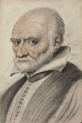 Portrait of a bearded man, bust-length, in three-quarter profile facing left