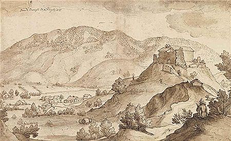 View of the countryside around the village of Pratieghi, with an artist sketching in the foreground