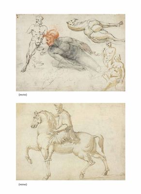 Studies of male and female nudes, a satyr, a camel and other beasts (recto), The Marcus Aurelius equestrian statue (verso)
