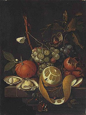 Grapes, a lemon, oysters, a chestnut, blackberries and other citrus fruits on a stone ledge with butterflies, a fly, a bee and ants