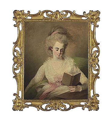 A young lady in a white dress with pink bows, seated at a table, reading a book