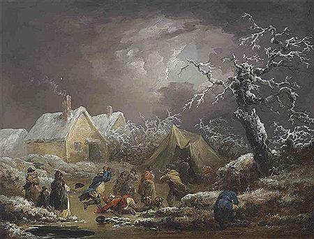 A winter landscape with figures skating and a man falling on a frozen waterway