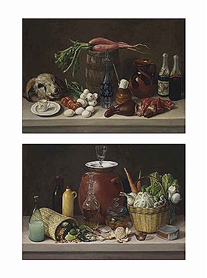A.) Bodegón con cabeza de carnero, barril con rabanos, licorera, vísceras y taza con plato; b.) Naturaleza muerta con canasta (2)