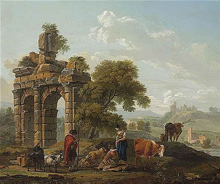 Herders and their cows resting before classical ruins
