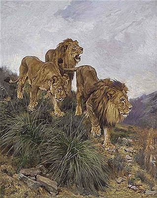 Three Lions Walking Down a Rocky Hillside