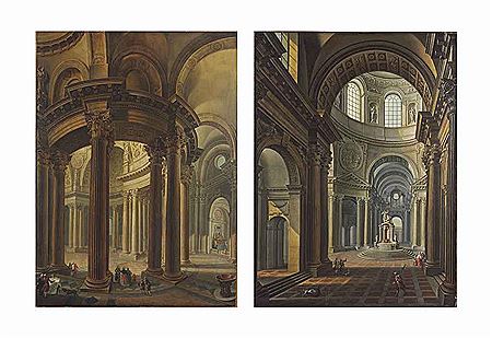 A cathedral interior with architects working; and A cathedral interior with a baptismal font and figures (2)
