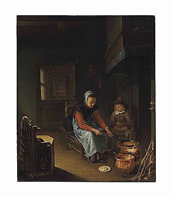 A woman cooking pancakes with a young boy before a hearth