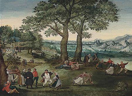 A village kermesse with a church, a mountainous landscape beyond