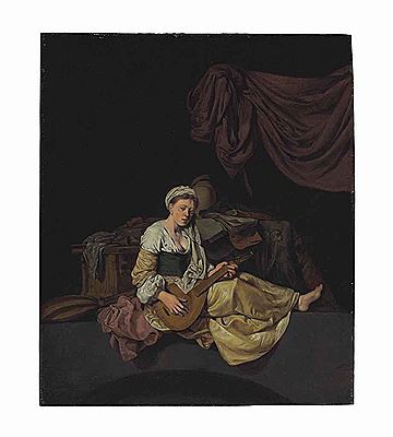 Woman with a cittern before a table with books and other musical instruments