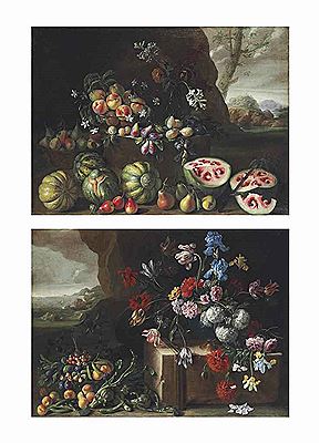 Watermelons, peaches & Chrysanthemums, tulips (2) by Giovanni Stanchi - Auction record, sale price, and art valuation. Compare with similar artists and explore comparable artworks.