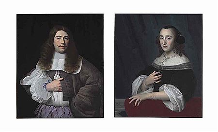 PORTRAIT OF ANDRIES RIJCKAERT (1636-1716), HALF-LENGTH, IN A BROWN COAT, A LACE COLLAR AND PURPLE RIBBONS; AND PORTRAIT OF SUSANNA RIJCKAERT (BORN 1635), HALF-LENGTH, IN A BLACK DRESS AND LACE COLLAR AND PEARL JEWELERY, HER LEFT HAND RESTING ON A DRAPED B