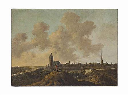 A VIEW OF WESEL ON THE LIPPE RIVER WITH AN ARTIST SKETCHING IN THE FOREGROUND
