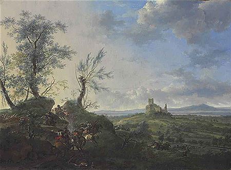 AN EXTENSIVE LANDSCAPE WITH A CAVALRY SKIRMISH, A RUINED CASTLE ON A HILLTOP BEYOND