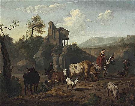SHEPHERDS AND A SHEPHERDESS DRIVING CATTLE