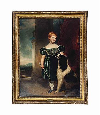 Portrait of a boy, full-length, with a spaniel on a terrace with a landscape in the distance