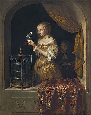 WOMAN FEEDING A PARROT