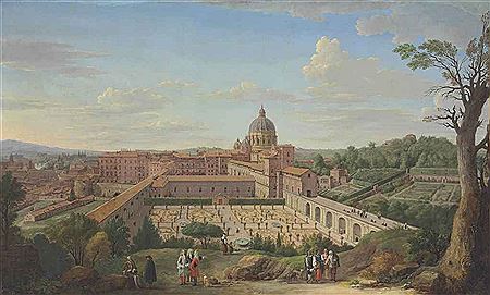 A VIEW OF ROME WITH SAINT PETER'S BASILICA SEEN FROM THE NORTH, SHOWING THE GIARDINO SEGRETO WITH THE ARMS OF POPE CLEMENTE XI ALBANI AND THE GIARDINO COMUNE, WITH ELEGANT FIGURES IN THE FOREGROUND, A PAPAL PROCESSION AT RIGHT, AND THE TIBER RIVER BEYOND