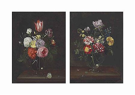 ROSES, CARNATIONS, A TULIP, AND OTHER FLOWERS IN A GLASS VASE, WITH A BUTTERFLY ON A WOODEN TABLETOP; AND ROSES, CARNATIONS, AND OTHER FLOWERS IN A GLASS VASE, WITH A FLY ON A WOODEN TABLETOP