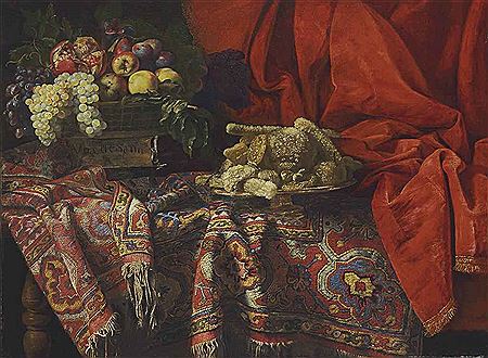 GRAPES, APPLES, A POMEGRANATE AND OTHER FRUIT WITH SWEETMEATS ON A WOODEN TABLE DRAPED WITH AN ANATOLIAN 17TH-CENTURY CARPET
