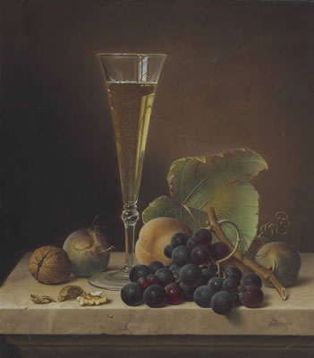 Still Life of Fruit, Walnuts and a Champagne Flute on a Marble Ledge