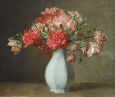 Pink carnations in a white vase