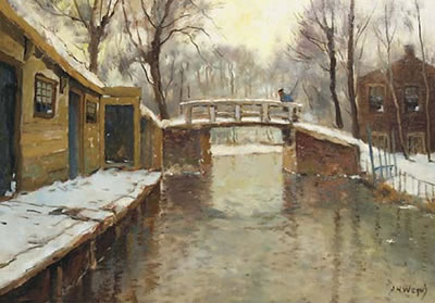 A village in winter with a bridge over a stream by Jan Harm Weyns - Auction record, sale price, and art valuation. Compare with similar artists and explore comparable artworks.