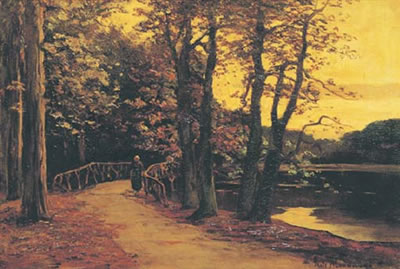 Avond aan de vijver: a woman strolling by a lake at dusk