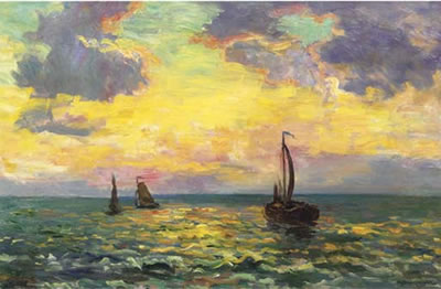 Avondstemming Noordzee: sailingvessels on the Northsea at sunset