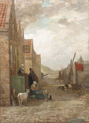 Figures and animals in a small street, Arnemuiden